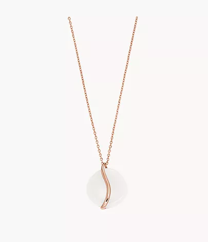 This organic-shaped white sea glass pendant necklace features a rose-tone stainless steel wave detail and a faceted cable chain. It features a lobster clasp closure.