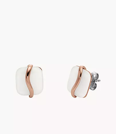 These organic-shaped white sea glass stud earrings feature a rose-tone stainless steel wave pattern. These feature butterfly post closures.