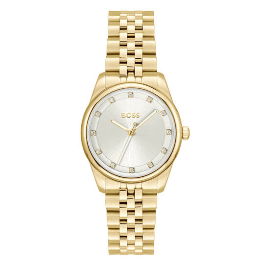 Dit Boss horloge behoort tot de Graceful Precious collectie.
Referentienummer: HB1502810 

Dit BOSS horloge heeft een luxe uitstraling. Zeer geschikt voor de moderne stijlvolle vrouw van nu. Het dameshorloge valt op door zijn goudkleurige stalen horlogekast met een zilverkleurige wijzerplaat met zirkonia's als indexen. Opvallend ook zijn de lumibrite uur en minutenwijzer. Aan de kast zit een glimmende goudkleurige schakelband met vouwsluiting. De kast van het horloge heeft een doorsnee van 32mm met mineraalglas en is 3ATM. 