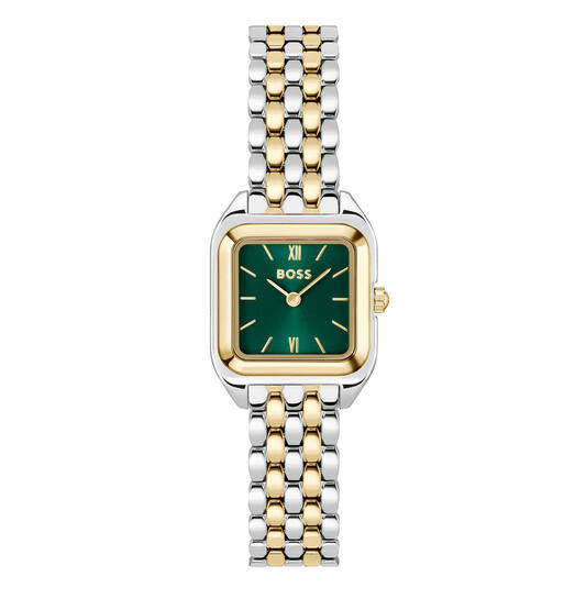 Dit Boss horloge behoort tot de Mae petite collectie.
Referentienummer: HB1502822

Dit Boss horloge heeft een elegante uitstraling. De vierkante 22mm kast is versierd met een goudkleurige bezel en een slanke bicolor schakelband. Het horloge is getest op een waterdichtheid van 3 atm en is afgewerkt met mineraalglas.
