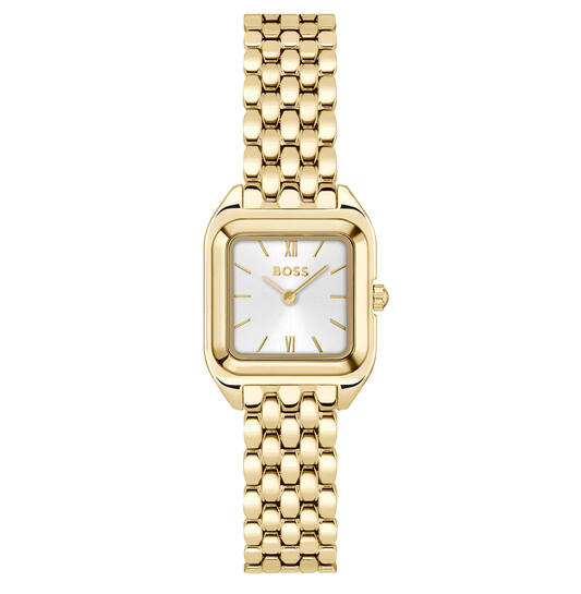 Dit Boss horloge behoort tot de Mae petite collectie.
Referentienummer: HB1502823

Dit Boss horloge heeft een elegante uitstraling. De vierkante 22mm kast is versierd met een goudkleurige bezel en een goudkleurige slanke schakelband. Het horloge is getest op een waterdichtheid van 3 atm en is afgewerkt met mineraalglas.