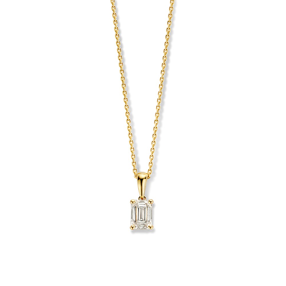Collier Nora bevat een hanger met prachtige emerald geslepen diamant.Dankzij deze slijpvorm, met lange facetten, ontstaan er een bijzondere, heldere diamant. Liever een ander diamantslijpsel? Ontdek dan de colliers met briljant, peer en ovale diamanten.

Bij de Nora ketting hangt de fonkelende diamant in gouden zetting aan een mooi en tegelijk sterke ketting met ankerschakel. De ketting heeft een lengte van 45cm, maar is verstelbaar naar 42cm.

