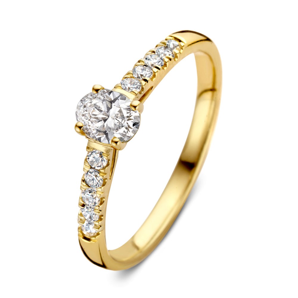 Geelgouden ring 'Franky Royal' met ovale middensteen (0,30 crt.) en zijstenen gemaakt van 18 karaat gerecycled goud.