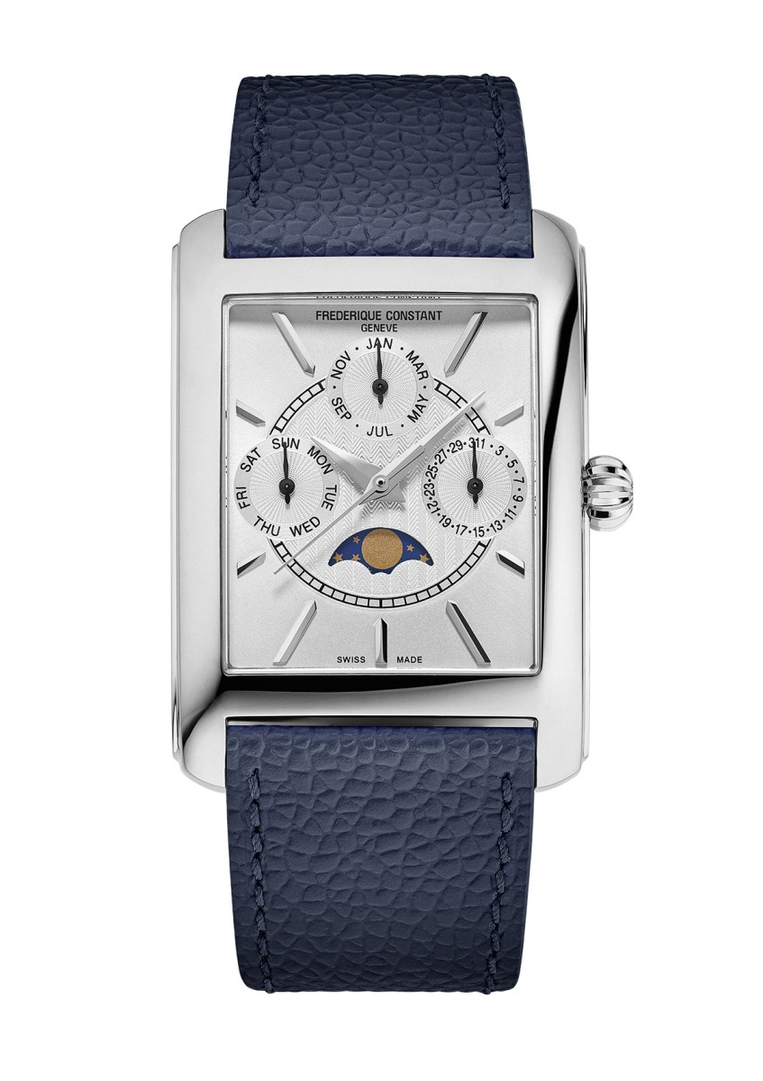 De Classics Quartz Moonphase FC-265S4C6 is een verfijnd horloge met een rechthoekige roestvrijstalen kast en zilverkleurige wijzerplaat. Het heeft een blauwe leren band, analoge aanduiding en een maanfasetracker. Dit horloge, met Zwitserse kwartsbeweging en saffierglas, straalt elegantie uit. Perfect voor formele gelegenheden of een stijlvolle zakelijke look. Waterbestendig tot 3 ATM.
