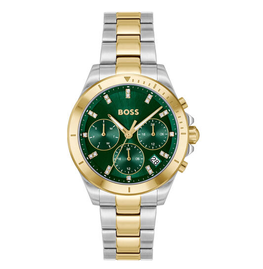 Dit Boss horloge behoort tot de Alley collectie.
Referentienummer : HB1502827

Dit BOSS horloge heeft een luxe sportieve uitstraling. Zeer geschikt voor de moderne stijlvolle vrouw van nu. Het dameshorloge valt op door zijn stalen horlogekast met een gladde goudkleurige bezel en een groene sunray wijzerplaat met een dag, datum en 24-uursaanduiding. Opvallend zijn de fijne wijzers. Aan de kast zit een stalen mat glanzende bicolor schakelband met een vouwsluiting. Het horloge heeft een doorsnee van 36mm met een mineraalglas en is 5ATM. 