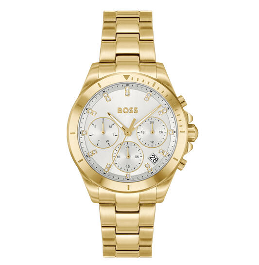 Dit Boss horloge behoort tot de Alley collectie.
Referentienummer: HB1502829

Dit BOSS horloge heeft een luxe sportieve uitstraling. Zeer geschikt voor de moderne stijlvolle vrouw van nu. Het dameshorloge valt op door zijn stalen horlogekast met een gladde goudkleurige bezel en een witte sunray wijzerplaat met een dag, datum en 24-uursaanduiding. Opvallend zijn de fijne wijzers. Aan de kast zit een stalen mat glanzende goudkleurige schakelband met een vouwsluiting. Het horloge heeft een doorsnee van 36mm met een mineraalglas en is 5ATM. 
