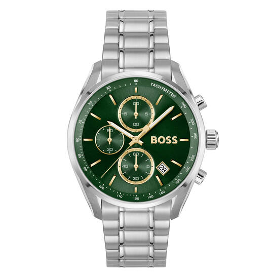 Dit Boss horloge behoort tot de Grand Prix collectie.
Referentienummer: HB1514265

Dit Boss horloge heeft een stalen 40mm kast en band. De combinatie met de groene chronograaf wijzerplaat met goudkleurige details zorgt voor een stoere sportieve look. Het horloge is waterdicht tot 5 atm en heeft een mineraalglas. Het past perfect bij een pak voor zakelijke bijeenkomsten of bij een casual outfit voor een avondje uit.