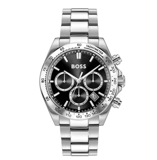 Dit Boss horloge behoort tot de Hero collectie.
Referentienummer: HB1514267

Dit Boss horloge is een sportief horloge. Het horloge heeft mineraalglas, een zwarte wijzerplaat en een stalen horlogekast met een kastdiameter van 43 mm. Op de zwarte chronograaf wijzerplaat is de datum af te lezen op 4-uur.
