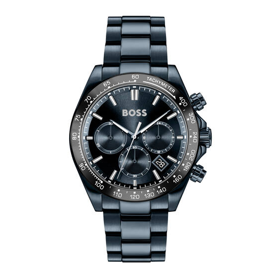 Dit Boss horloge behoort tot de Hero collectie.
Referentienummer: HB1514270

Dit Boss horloge is een sportief horloge. Het horloge heeft mineraalglas, een blauwe wijzerplaat en een blauwe stalen horlogekast met een kastdiameter van 43 mm. Op de blauwe chronograaf wijzerplaat is de datum af te lezen op 4-uur.