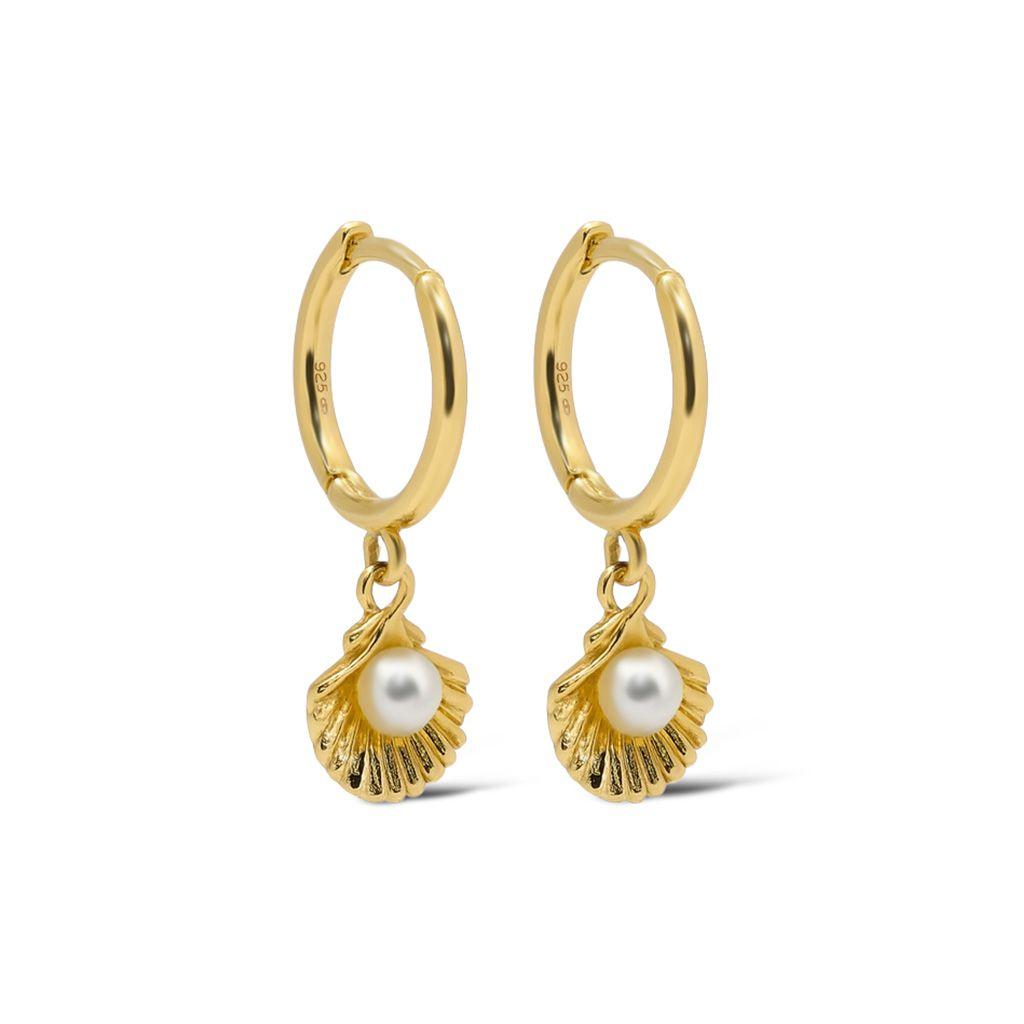Karma oorringen zilver verguld, Hinged Hoops SHELLY Pearl Goldplated