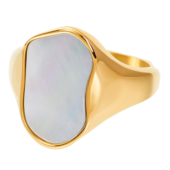 De iXXXi ring Fame Isla is een brede single ring gemaakt van stainless steel met een goudkleurige plating. De ring heeft het design van een zegelring in een organische vorm. Single ring Isla is ingelegd met witkleurige 'shell' waardoor je instant eiland vibes krijgt. 