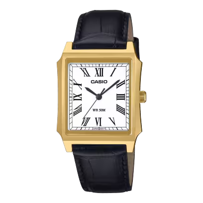 Klassiek Casio horloge met een witte wijzerplaat en zwarte Romeinse cijfers. Het horloge is voorzien van een zwarte leren band met crocoprint