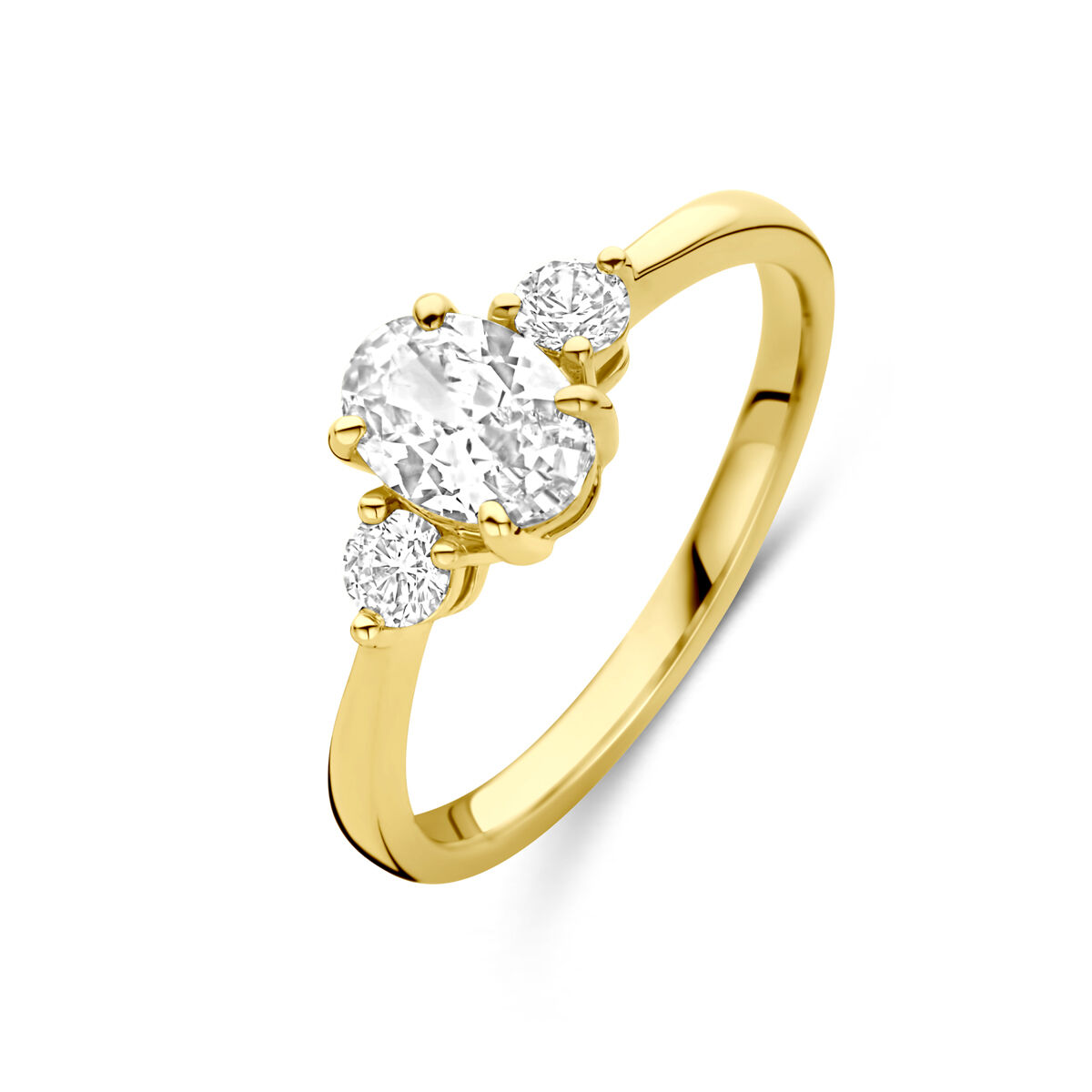 14 karaats geelgouden ring met 3 zirkonia's maat 54 en verkrijgbaar in diverse andere maten