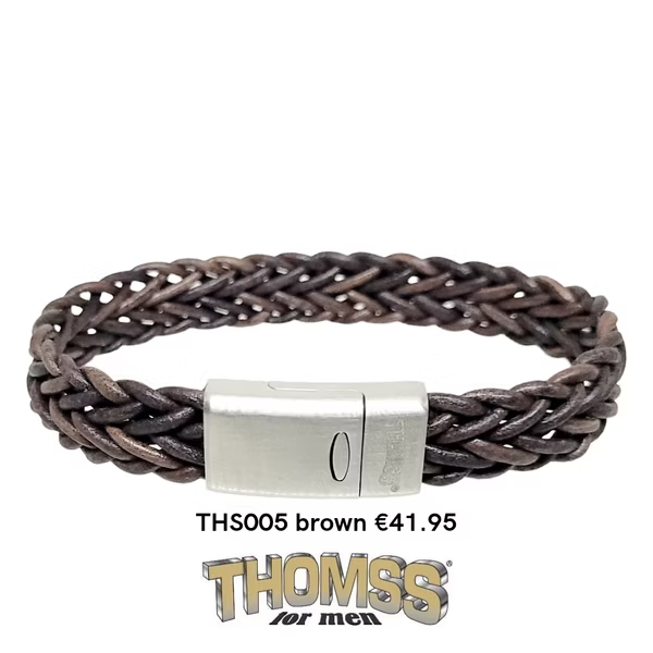 Thomss armband met vintage look edelstalen sluiting, bruine leren vlecht.
