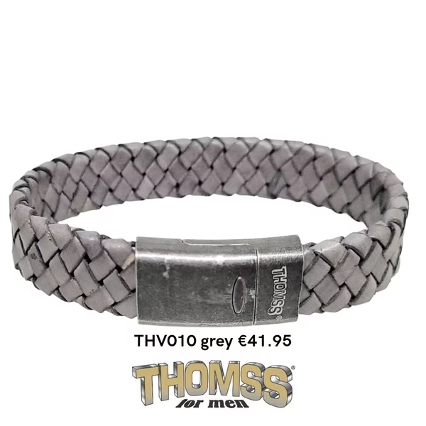 Thomss armband met vintage look edelstalen sluiting, grijs leren vlecht