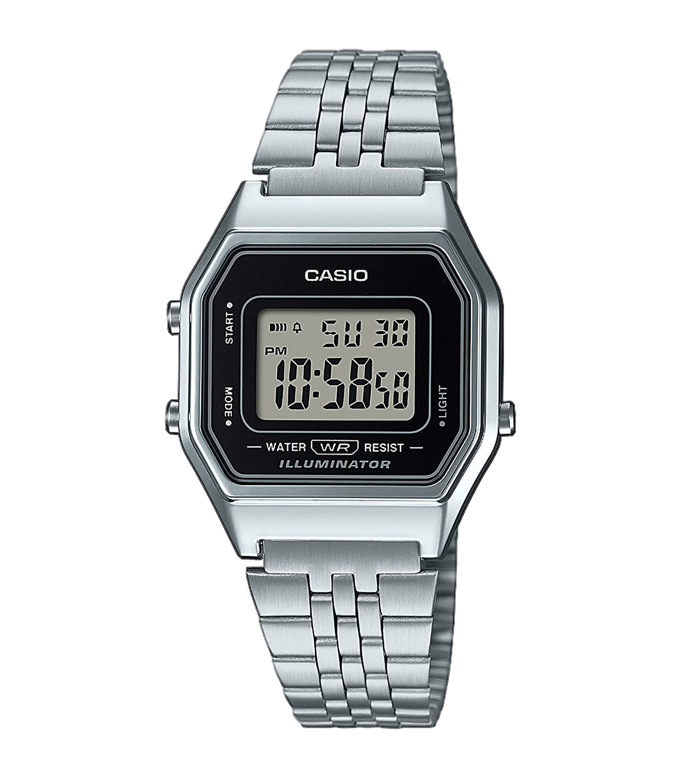 De Casio Vintage Horloge LA680WEA-1EF is een stijlvolle digitale polshorloge met een zilverkleurige siliconen band en een vierkante kunststof behuizing. Het heeft een zwarte wijzerplaat met datumfunctie, verlichting en is nikkelvrij. Perfect voor dagelijks gebruik. Draag het casual of bij een vintage outfit voor een eigentijdse uitstraling. Waterbestendig niveau 1. Gewicht: 36g.