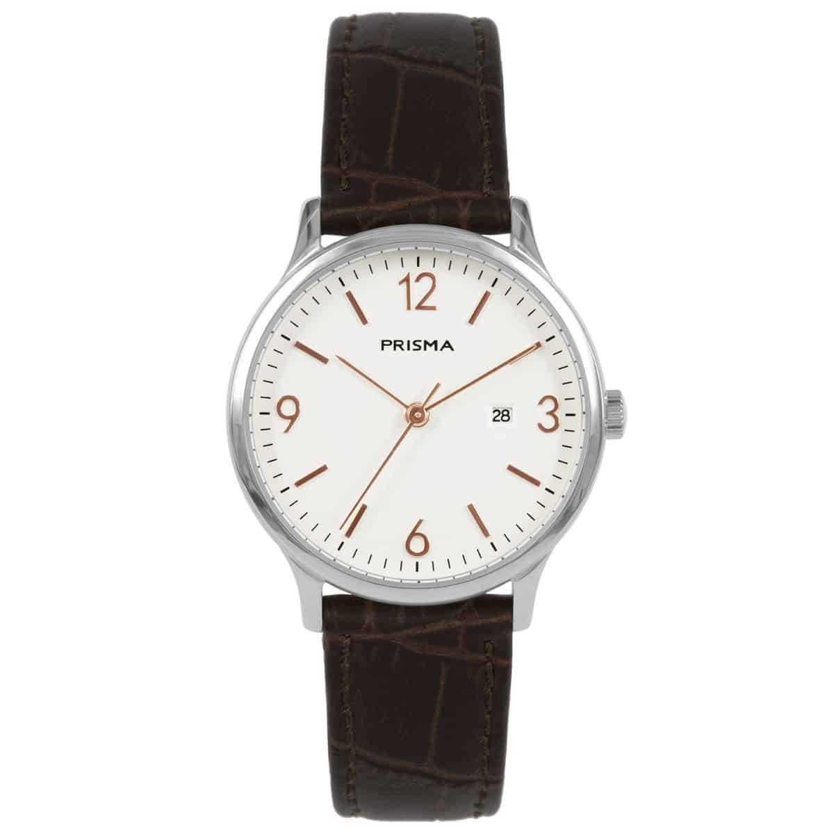 Prisma dames P.1637 horloge edelstaal 		
		
Algemeen		
Geslacht: dames		
Model: P.1637		
		
Voordelen		
- wijzerplaat met roségoudkleurige streepjes		
- band echt leer bruin		
- designed in the Netherlands		
- datum		
- duidelijke tijdsweergave		
- spat waterdicht: handenwassen, regen		
- duurzame coating		
- maat kast 30mm (breedte) 7,51mm (dikte)		
				
