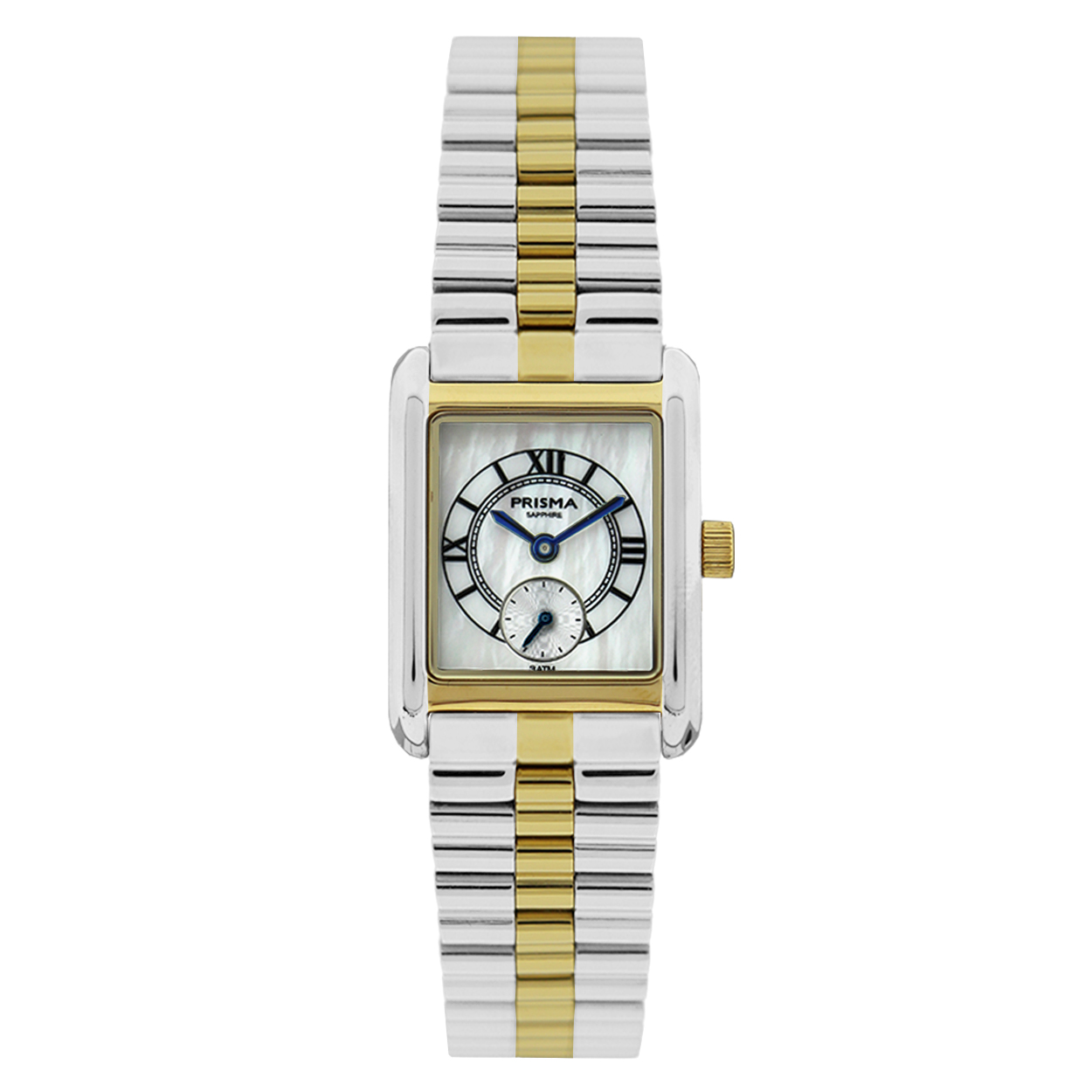 Prisma horloge P2612 Amazone edelstaal met bicolor bracelet schakelband saffier glas

Algemeen
Geslacht: dames
Model: P2612

Voordelen
- Zeer confortabele bicolor staalband 
- Parelmoer wijzerplaat zwarte index en romeinse cijfers en apartesekonde wijzer
- Zwitsers quarts uurwerk
- glas is krasvast
- spat waterdicht: handenwassen, regen
- maat kast 21.5 / 29mm (breedte) 6.3mm (dikte)

