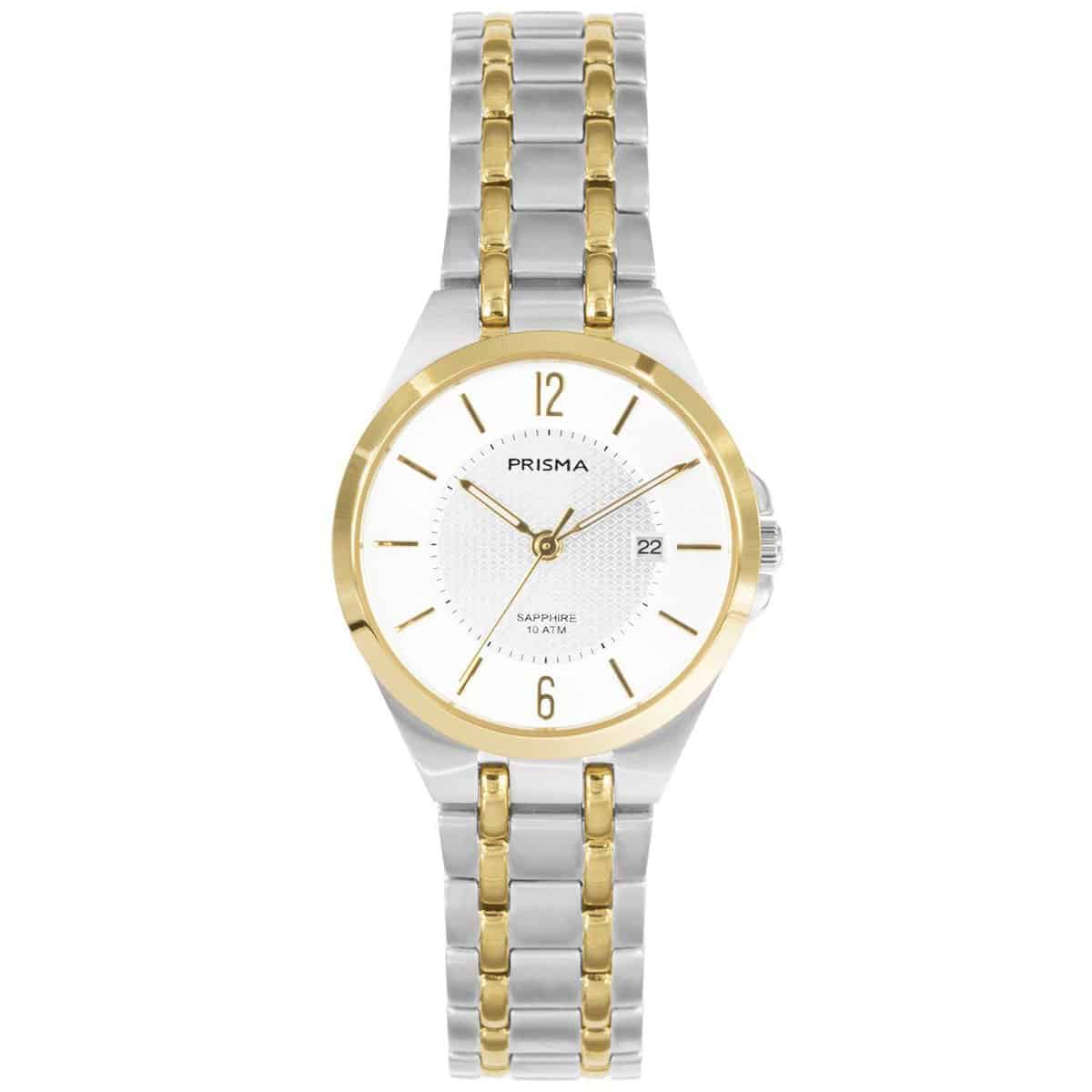 Prisma horloge P1261 dames titanium saffierglas 10 ATM 

Algemeen
Geslacht: dames
Model: P.1261

Voordelen
- band titanium goudkleurig/zilverkleurig (bicolor)
- wijzerplaat wit met goudkleurige streepjes
- geschikt voor mensen met een allergie
- draagcomfort door licht gewicht
- boven gem. waterdicht: zwemmen/duiken
- glas is zeer krasvast
- ook voor brede pols (max. 219,41 mm)
- quartz
- maat kast 28,99mm (breedte) 7,6mm (dikte)

