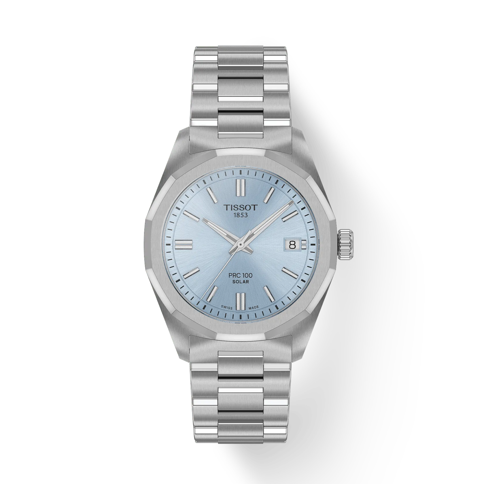 Het Tissot PRC 100 Solar Quartz 34mm dameshorloge combineert modern design met innovatieve technologie. De opvallende kast van 316L roestvrij staal met een twaalfhoekige bezel straalt elegantie en kracht uit. Uitgerust met een Zwitsers solar quartz-uurwerk, wordt het horloge opgeladen door natuurlijke en kunstmatige lichtbronnen, en de batterij-indicator geeft betrouwbaar het batterijniveau aan. Het krasbestendige saffierglas beschermt de ijsblauwe wijzerplaat, die met de Super-LumiNova&reg;-gecoate wijzers zorgt voor een uitstekende afleesbaarheid. Het horloge beschikt ook over een datumweergave en maakt gebruik van een snelwisselsysteem voor de grijze roestvrijstalen band, waardoor individuele styling zonder gereedschap mogelijk is. Met 3 jaar garantie biedt dit model langdurige betrouwbaarheid en kwaliteit.

Diameter:34 mm
Zonne-energie
316L roestvrijstalen behuizing
Krasbestendig saffierglas
Verwisselbare band met snelsluiting