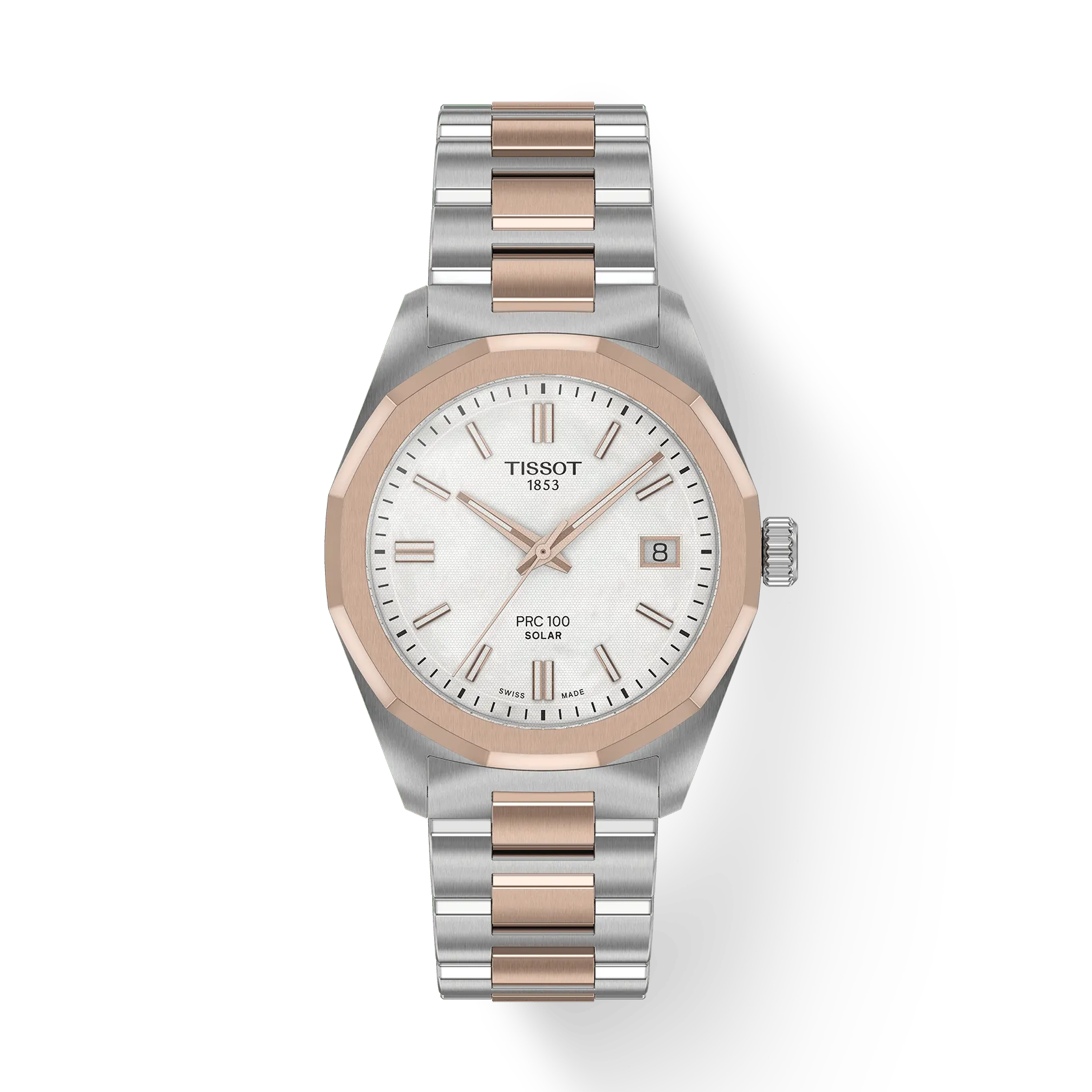 Dit Tissot horloge behoort tot de PRC 100 Solar collectie.
Referentienummer: T151.822.22.111.00

Dit Tissot horloge heeft een 34mm stalen kast karakteristieke kast met twaalfhoekige lunette en rosegoudkleurige PVD coating op de bezel en band. Onder het platte, krasbestendige saffierglas bevindt zich een op zonne-energie werkend quartz uurwerk, dat zich moeiteloos oplaadt bij zowel natuurlijk, als kunstlicht. Dankzij het snelwisselsysteem is de schakelband gemakkelijk te verwisselen door een van de brede selectie Tissot-bandjes. Zonder gereedschap wissel je de band snel van band, van milanese banden, tot klassieke lederen banden. De wijzers en indexen zijn afgewerkt met Super-LumiNova ® voor een duidelijke tijdsaanduiding, zelfs in het donker.