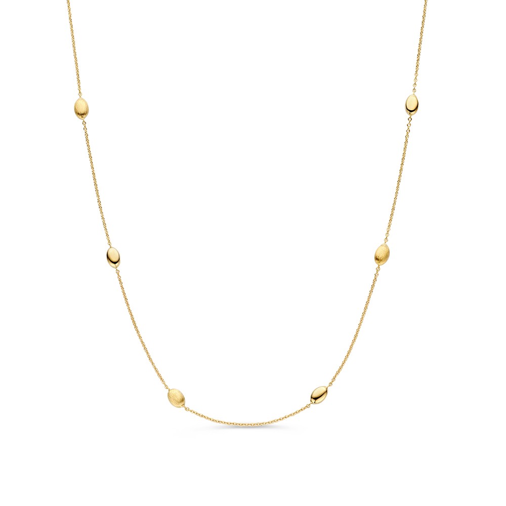 Verfijnd,14kt geelgouden collier met ovale elementen in gepolijste en gematteerde afwerking.
