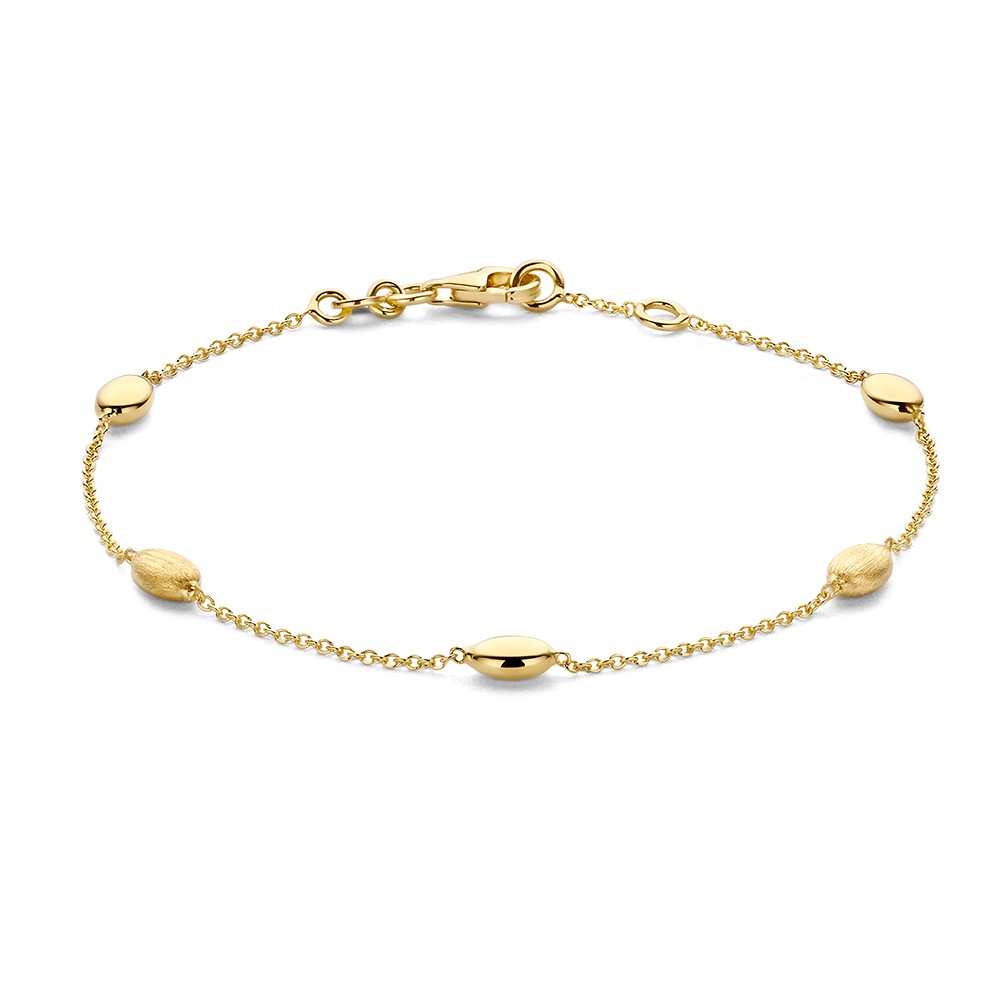 Verfijnde 14kt geelgouden armband met ovale elementen in gepolijste en gematteerde afwerking.
