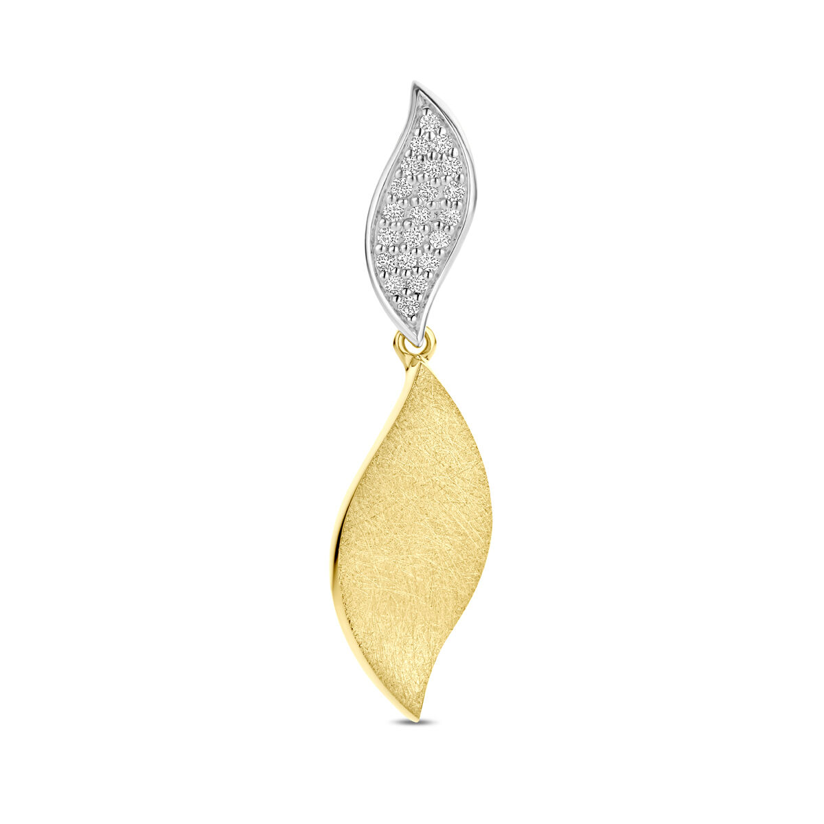 14k Bicolor geel en witgouden hanger uitgevoerd met diamant. De hanger heeft een totale hoogte van 31mm. Het totale diamantgewicht is 0.09ct.