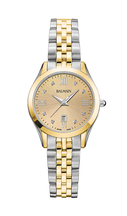 De Balmain Classic R is een verfijnd dameshorloge dat een stralende stijl combineert met een modern design geïnspireerd op de Parijse haute couture. De gouden wijzerplaat, bezet met 8 Top Wesselton VS-SI diamanten van in totaal 0,030 karaat en klassieke Romeinse cijfers voegen een levendige, verfijnde toets toe. De 30 mm tweekleurige roestvrijstalen en geelgouden PVD-kast met een sierlijk profiel van 6,50 mm en bijpassende armband biedt alledaagse charme. Dit Swiss Made uurwerk is voorzien van saffierkristalglas.
