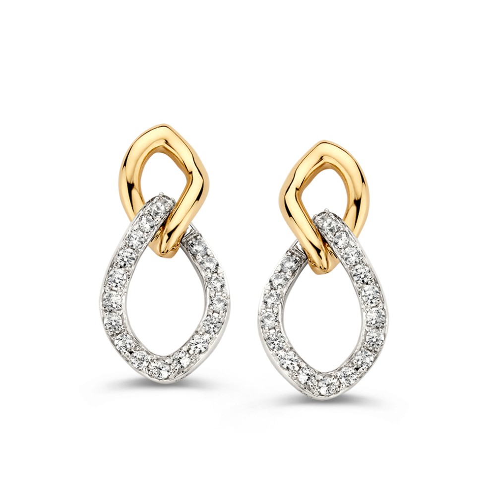 Bicolor wit- en geelgouden oorstekers met schakel gezet met zirkonia's.
