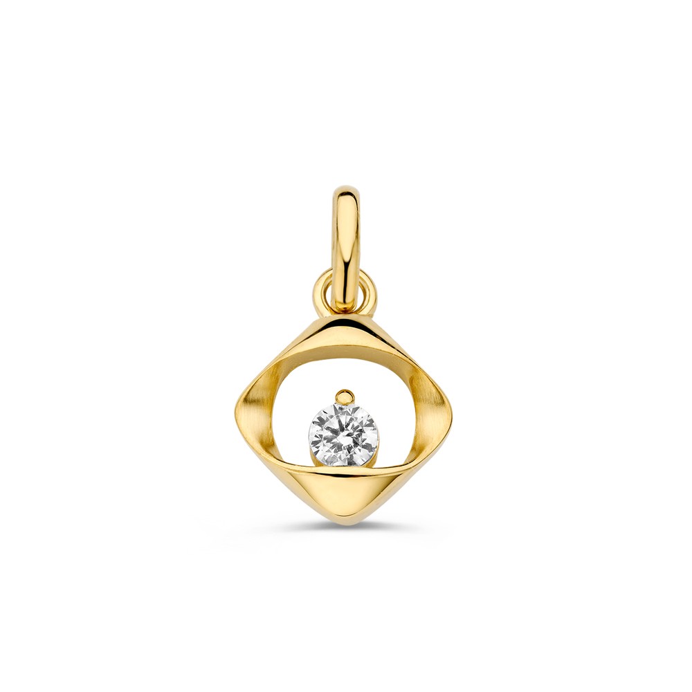 Geelgouden hanger in organische vorm met fonkelende zirkonia.
