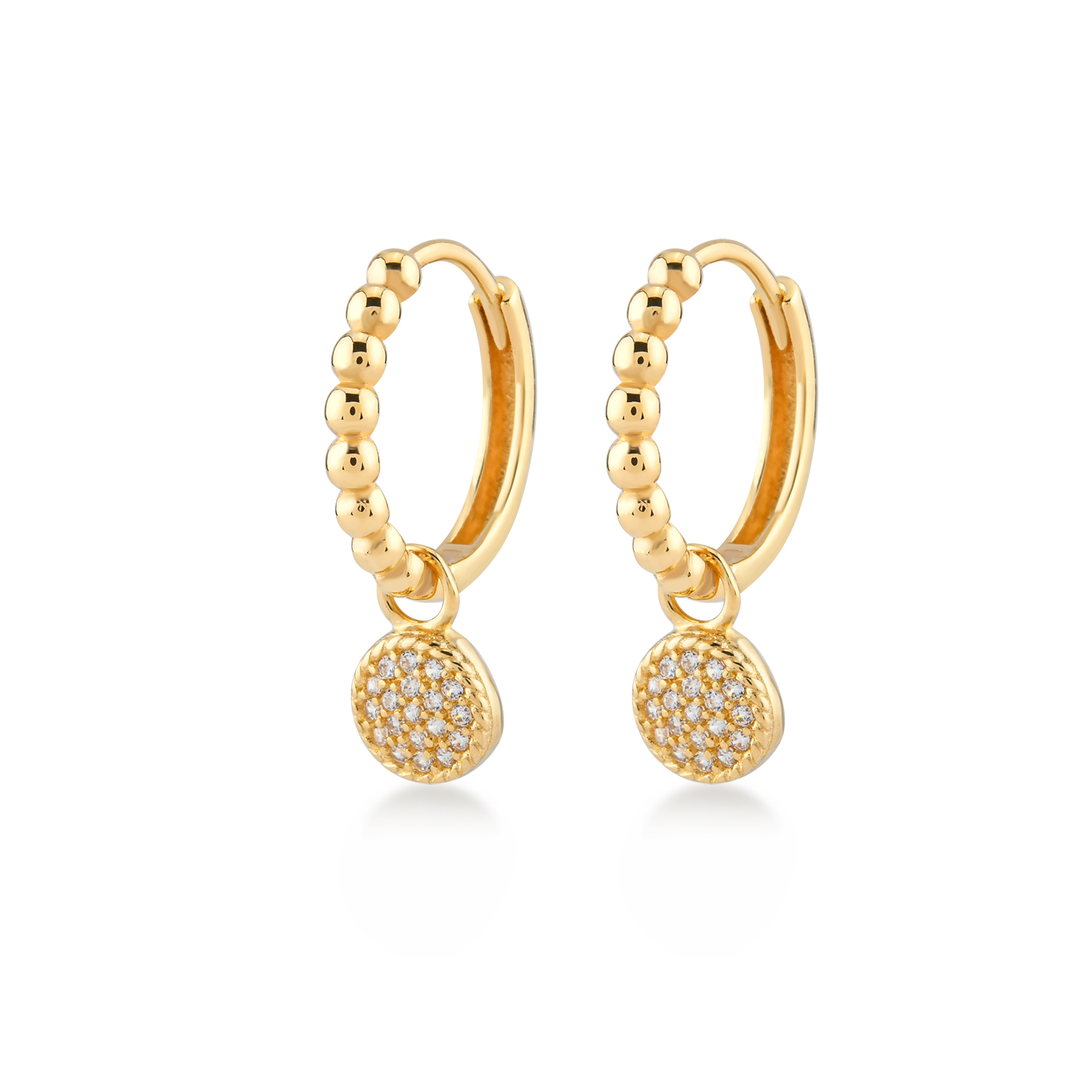 gouden Swing oorstekers, bolletjes+ rond hanger met pave cz