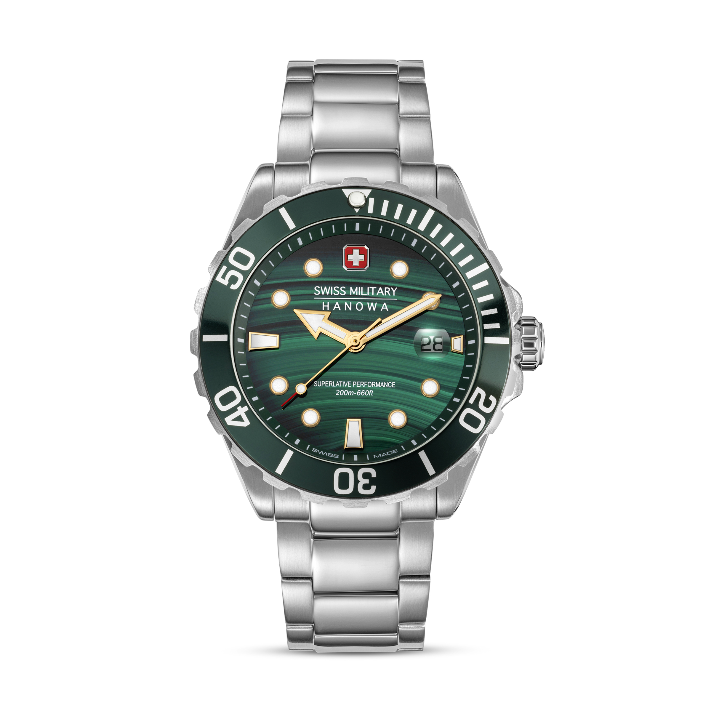 Dit is een horloge van het merk Swiss Military Hanowa gemaakt voor heren.
De specificaties zijn als volgt:
Kastmaat: 44 MM
Waterdichtheid: 20 ATM / 200 Meter / 660 Feet
Dit horloge heeft de volgende functies/eigenschappen:
Datumaanduiding