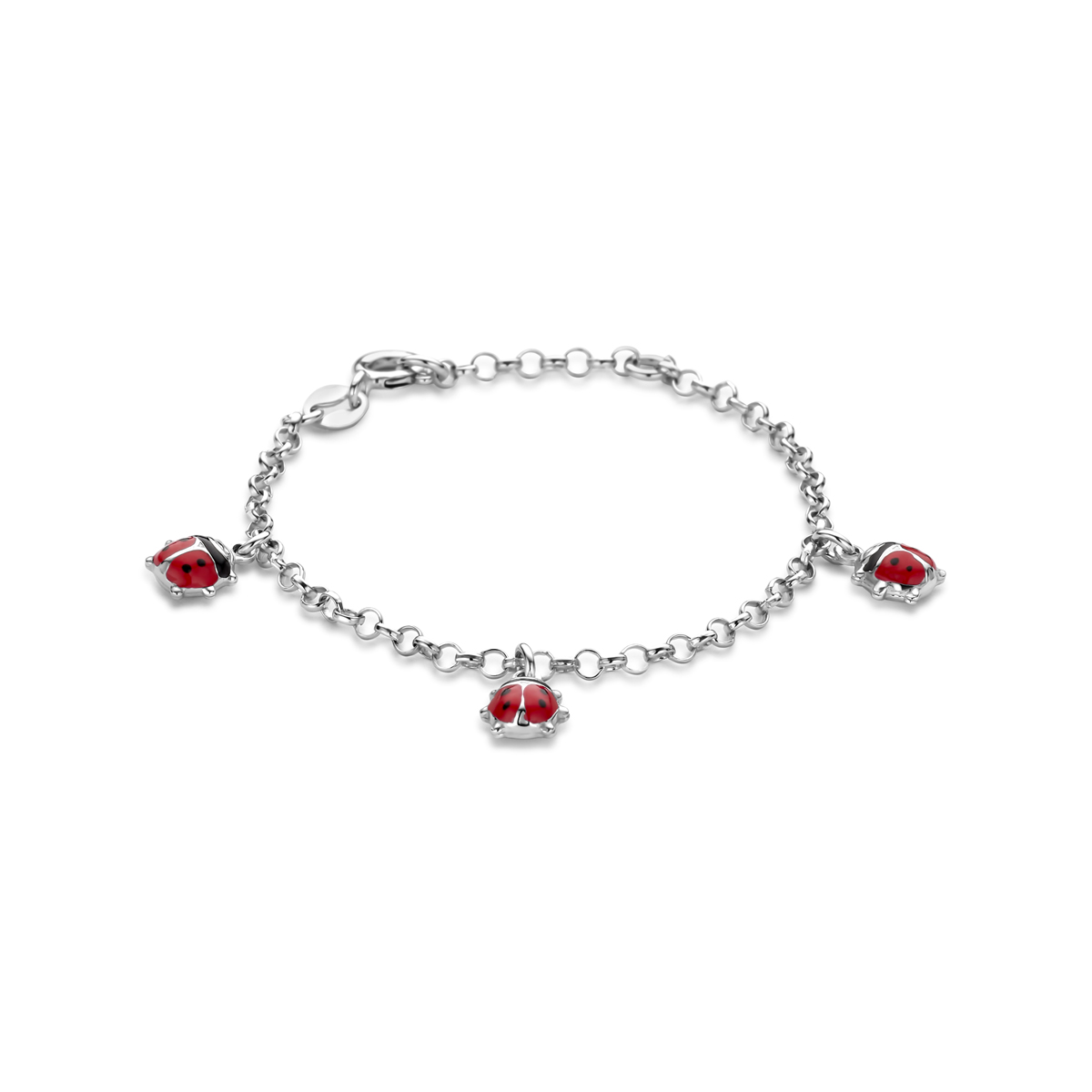 Gerhodineerd 925 zilveren armband uitgevoerd met lieveheersbeestjes. De armband heeft een draaglengte van 13cm met 3cm extensie.