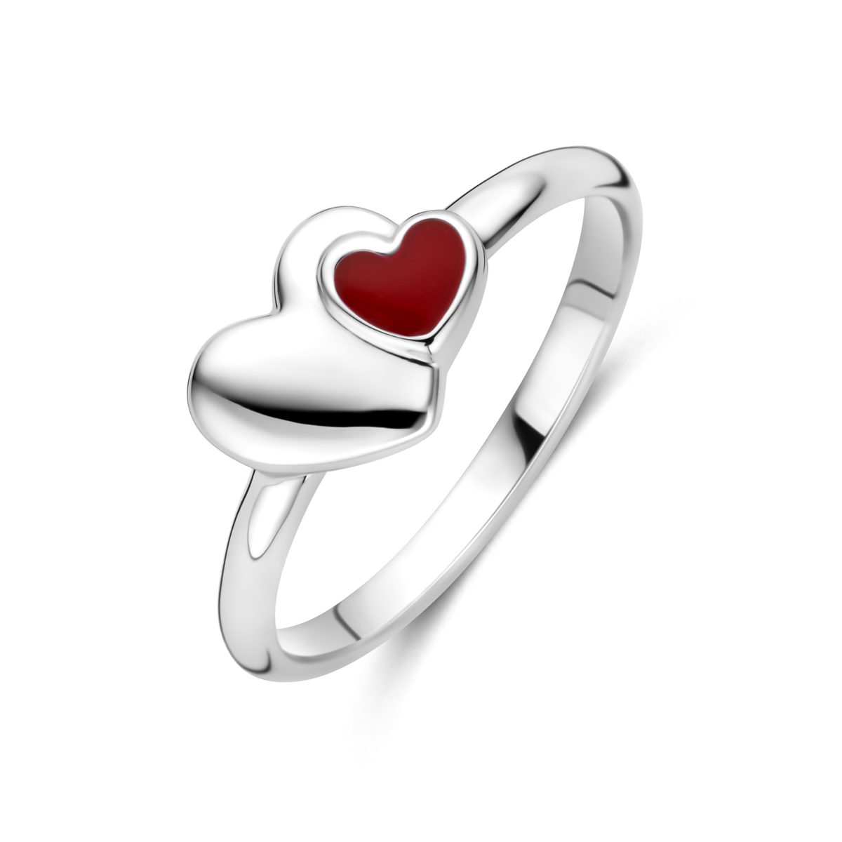 Gerhodineerd 925 zilveren ring uitgevoerd met een emaille hartje. De ring heeft een breedte van 6mm.