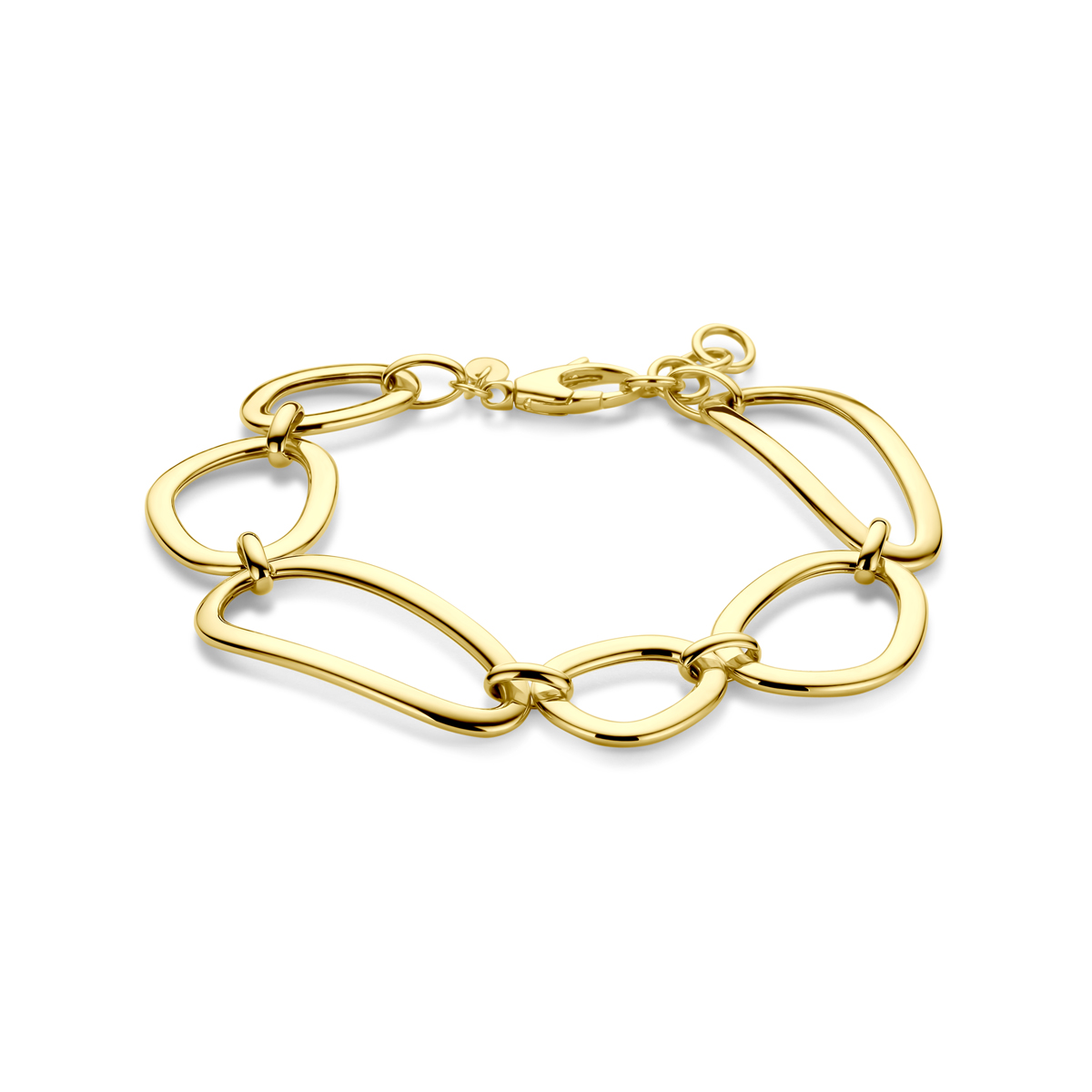 14k Geelgouden armband met een schakelbreedte van 18mm. De armband heeft een draaglengte van 18cm met 2cm extensie en is uitgevoerd met karabijnsluiting.