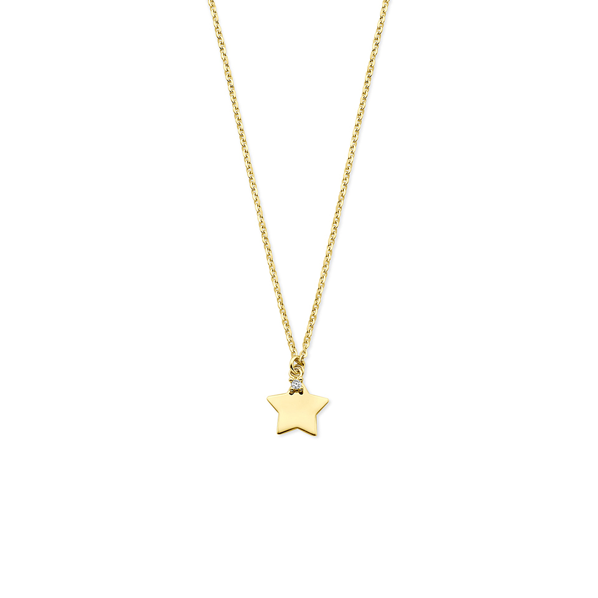 14k Geelgouden collier uitgevoerd met een ster en zirkonia. Het collier heeft draaglengtes van 40-42-44cm.