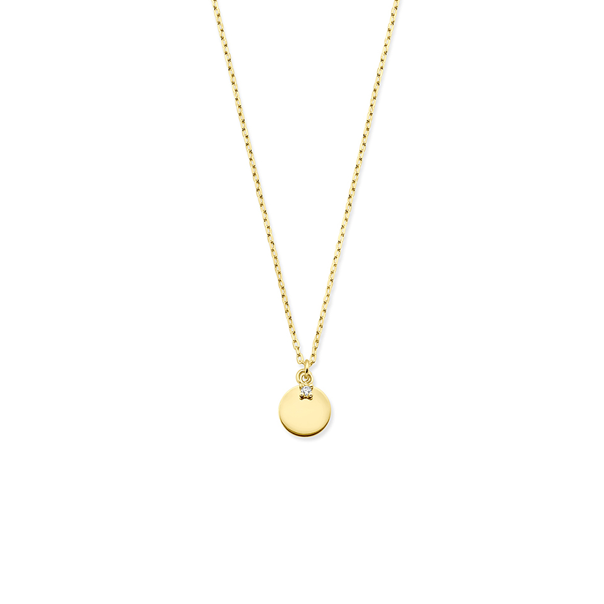 14k Geelgouden collier uitgevoerd met een rondje met zirkonia. Het collier heeft draaglengtes van 40-42-44cm.