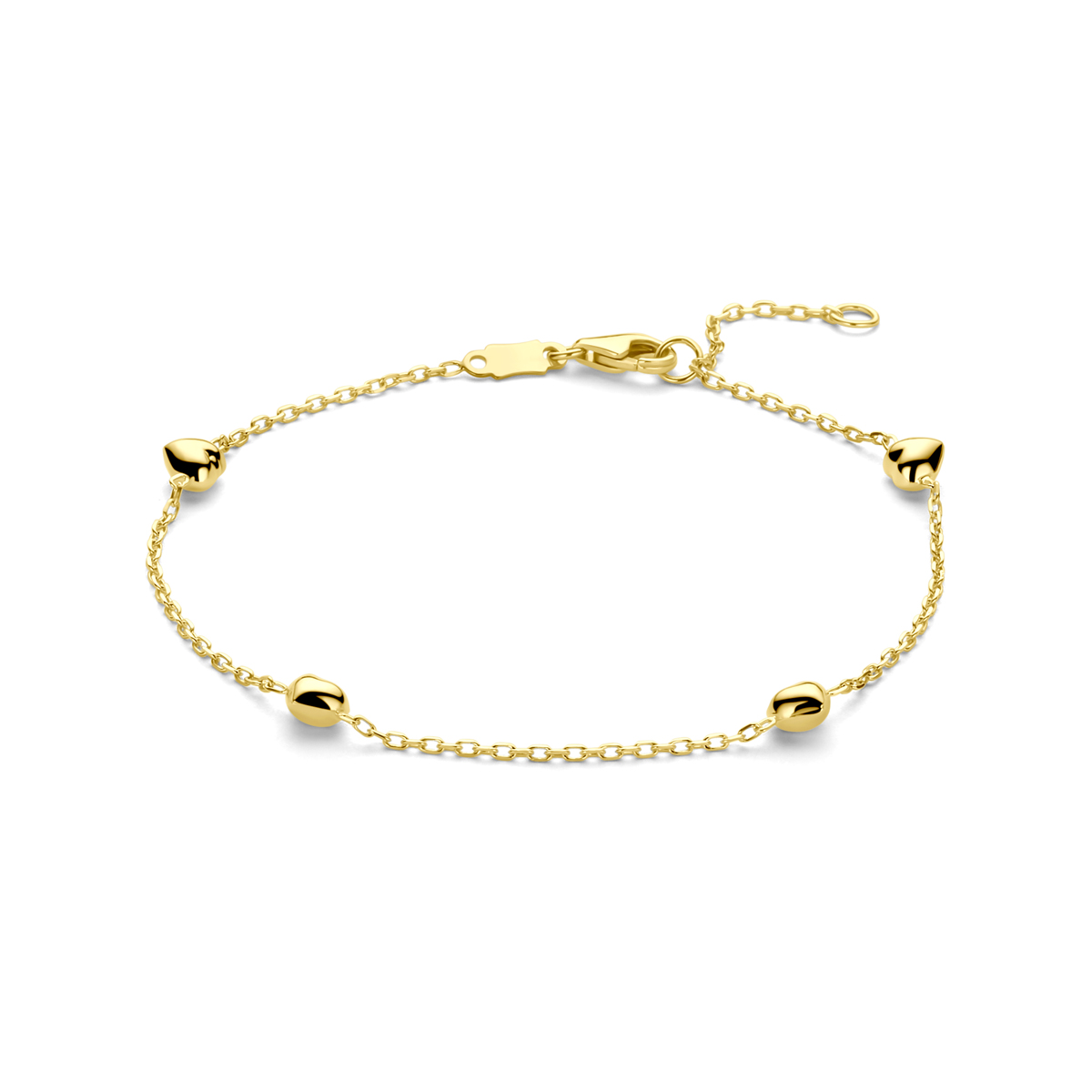 14k Geelgouden armband uitgevoerd met hartjes. De armband heeft draaglengtes van 16-18cm.
