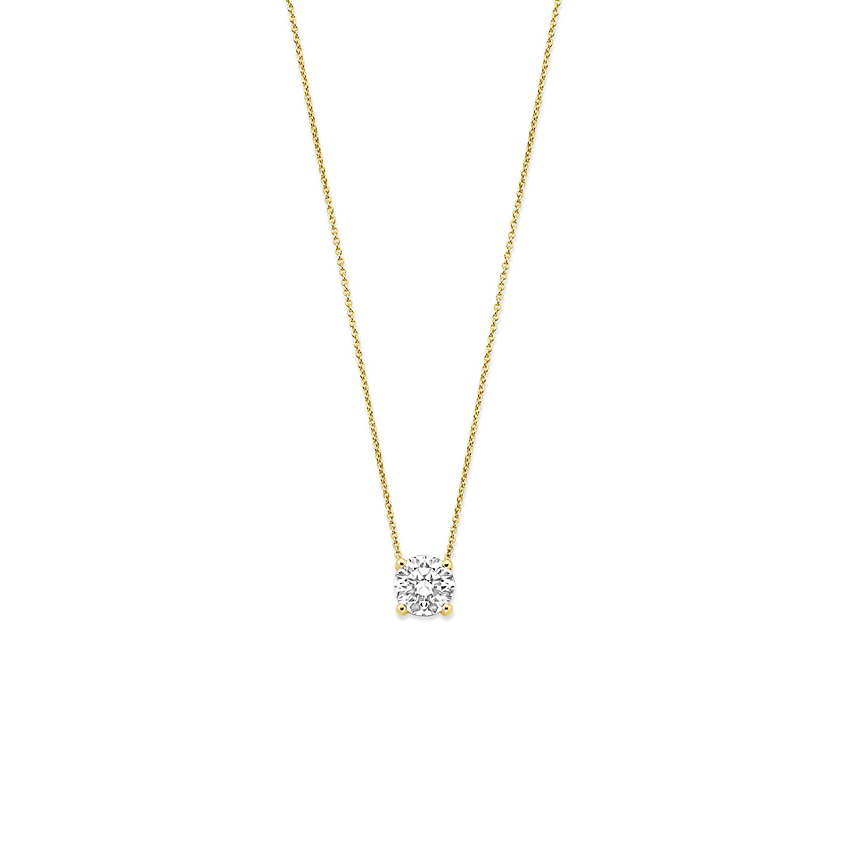 14k Geelgouden collier uitgevoerd met lab grown diamant. Het collier heeft draaglengtes van 41-43-45cm. Het totale diamantgewicht is 1.00ct. Dit artikel wordt geleverd met certificaat van de diamant.