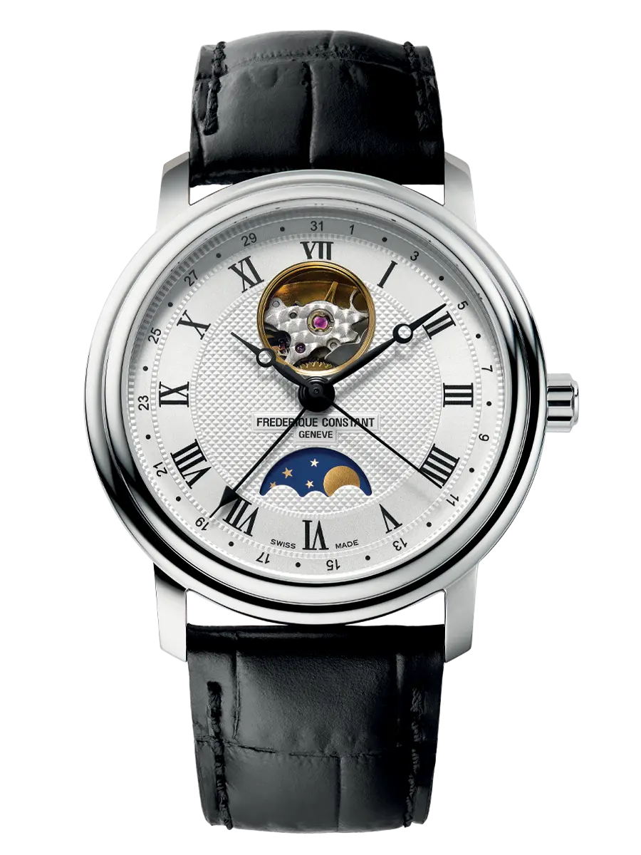 DIT IS EEN HORLOGE VAN FREDERIQUE CONSTANT UIT DE COLLECTIE CLASSICS. DE AANDRIJVING IS AUTOMATISCH. HET HORLOGE HEEFT DE VOLGENDE KENMERKEN: UREN, MINUTEN, SECONDE, MAANFASE, DATUM WIJZER.