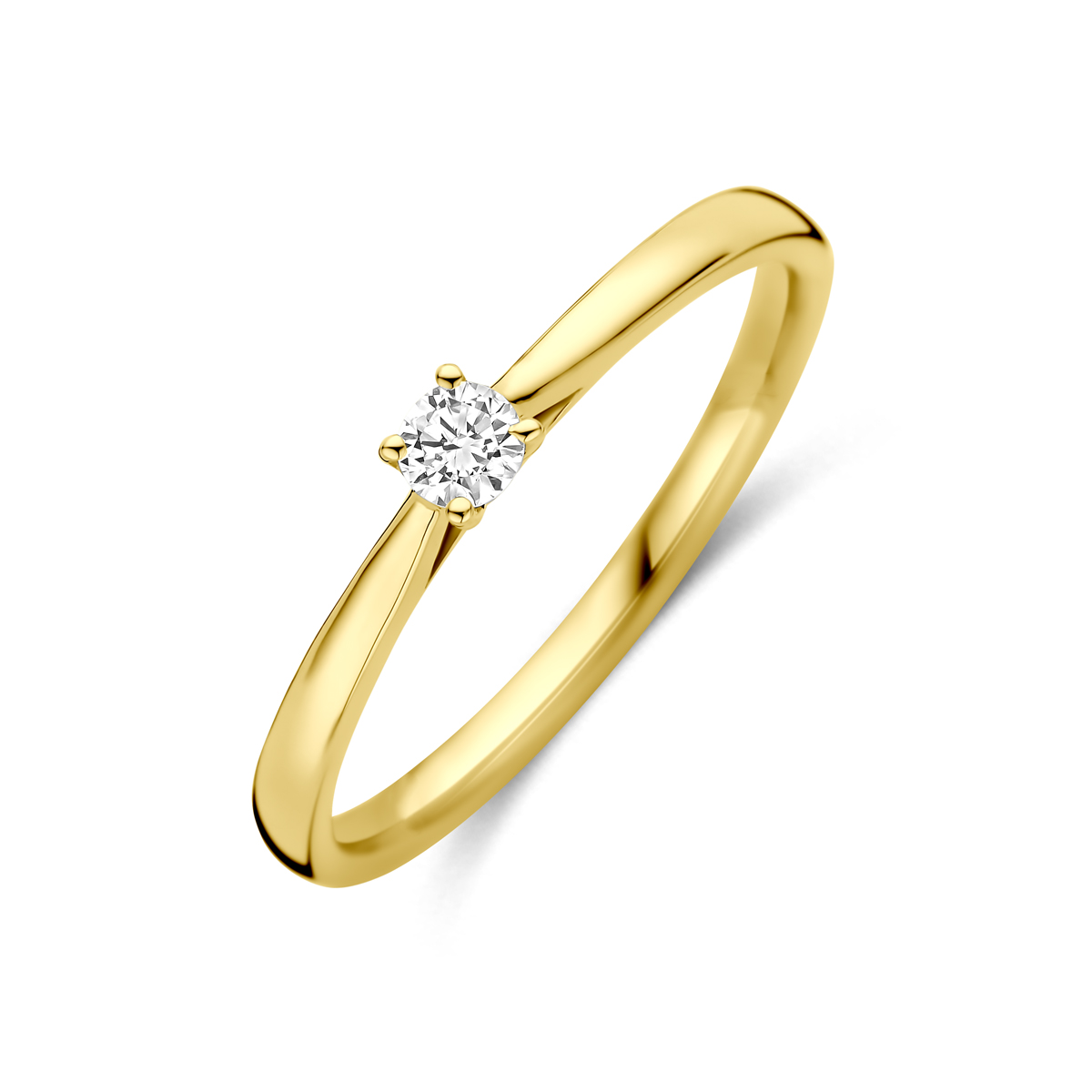 14k Geelgouden ring uitgevoerd met lab grown diamant.De ring heeft een breedte van 3mm. Het diamantgewicht is 0,10ct. Lab grown diamanten zijn diamanten die ontstaan in een laboratorium. Onder extreem hoge druk en temperatuur wordt het natuurlijk ontstaansproces nagebootst met als eindresultaat een diamant met dezelfde chemische eigenschappen maar met een andere oorsprong.