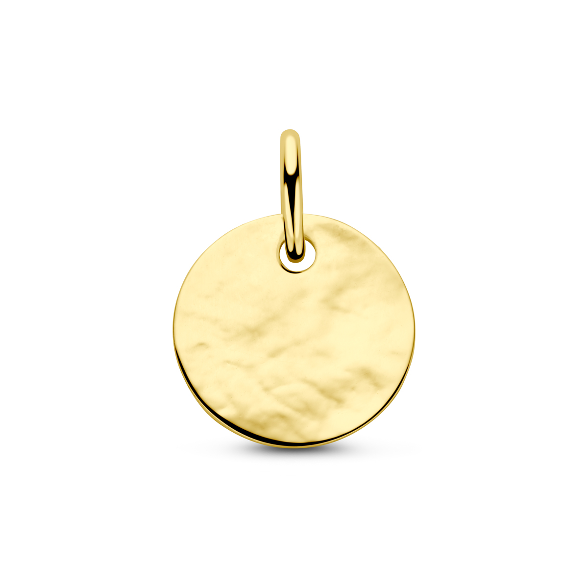 14k Geelgouden graveerhanger in de vorm van een rondje met een totale hoogte van 13mm en een dikte van 0,5mm.