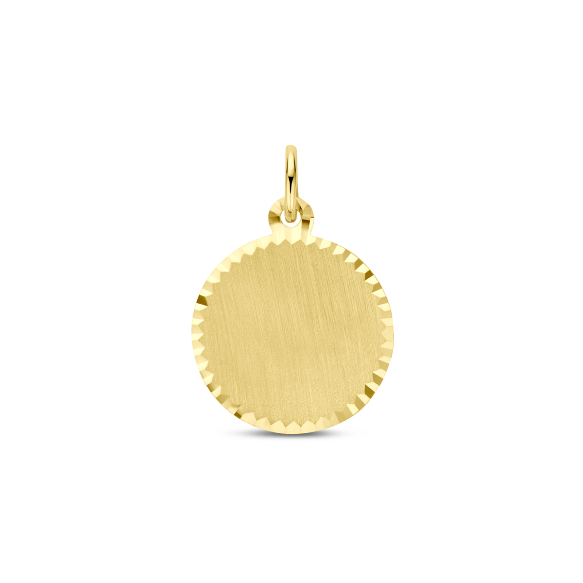 14k Geelgouden gediamanteerde graveerhanger met een totale hoogte van 21 mm. Het graveer oppervlak heeft een diameter van 14 mm en een dikte van 0,5mm.