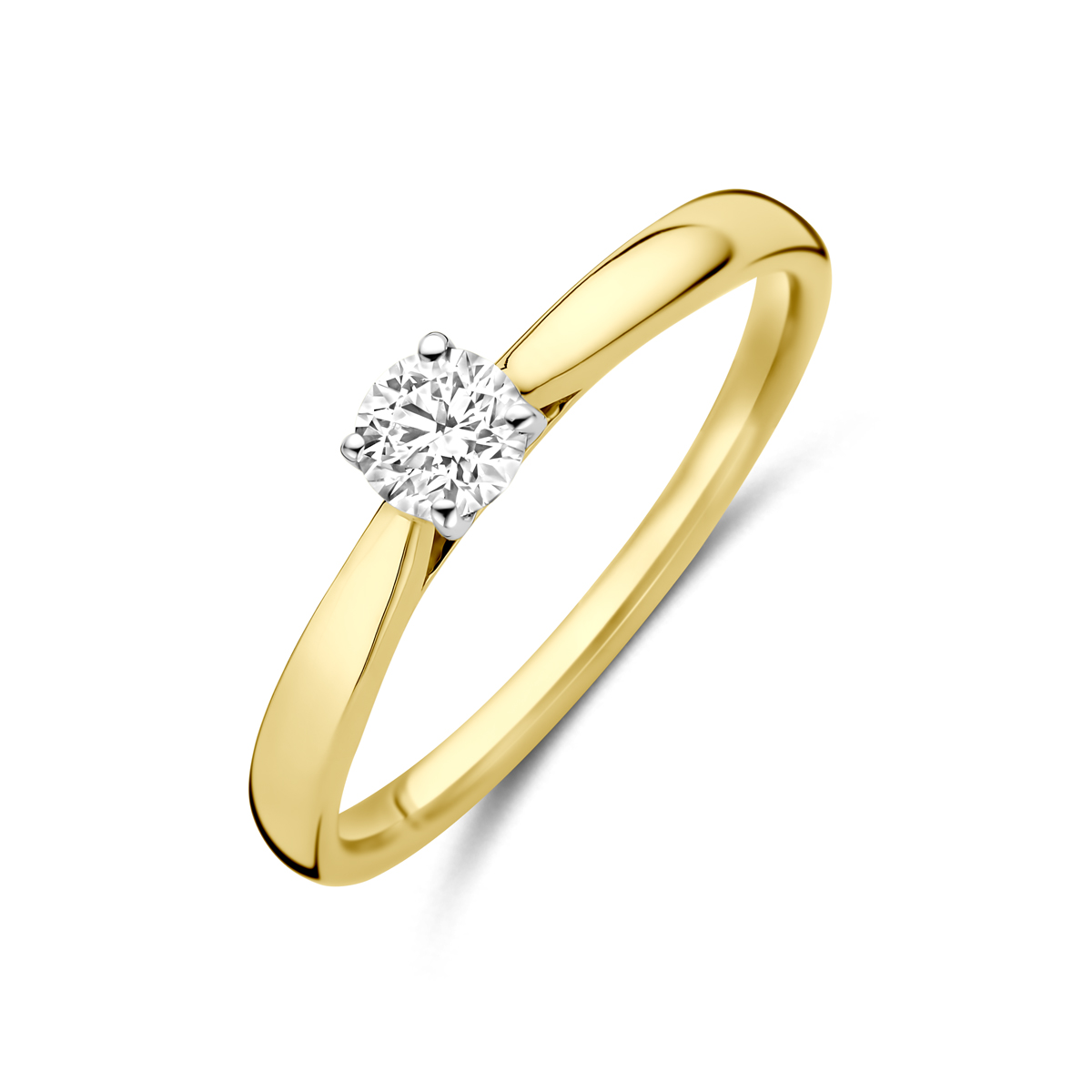 14k Bicolor geel- en witgouden ring uitgevoerd met een lab grown diamant met een totaalgewicht van 0.25ct. Lab grown diamanten zijn diamanten die ontstaan in een laboratorium. Onder extreem hoge druk en temperatuur wordt het natuurlijk ontstaansproces nagebootst met als eindresultaat een diamant met dezelfde chemische eigenschappen maar met een andere oorsprong.