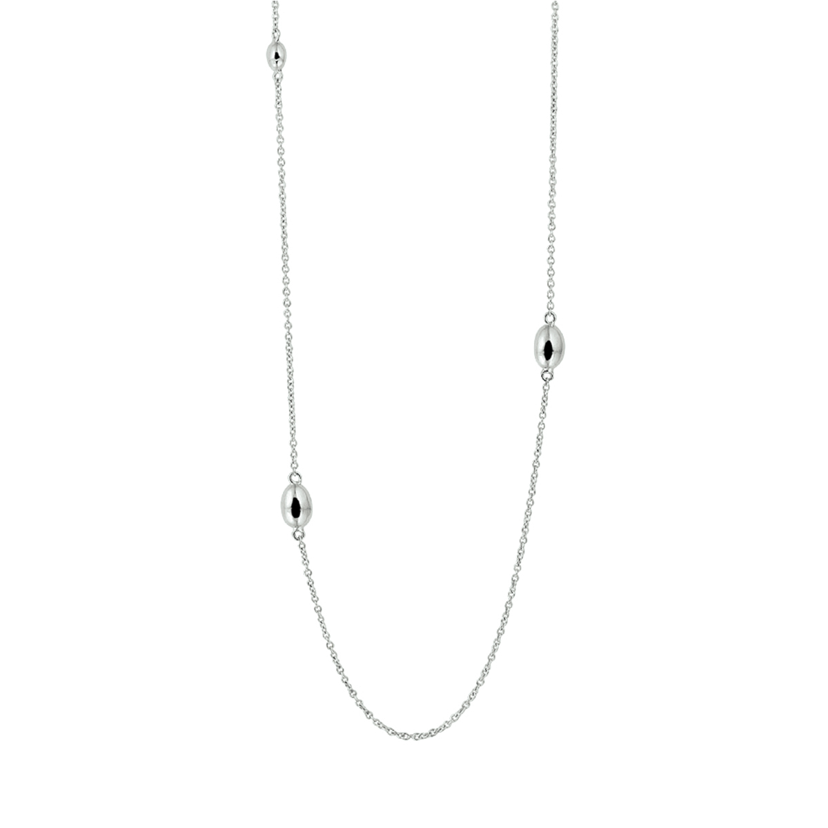 Trendy gerhodineerd zilveren anker collier met een draaglengte van 80cm.  De schakelbreedte is 1.4mm. Uitgevoerd met poli afgewerkte ovaaltjes met breedtes van 3.5 en 5.5mm. Het collier voegt een subtiele hoeveelheid glamour toe aan iedere outfit. Tip: Leuk om kado te geven! Info: Gerhodineerd zilver is door de rhodiumlaag beter bestand tegen verkleuren en krassen.