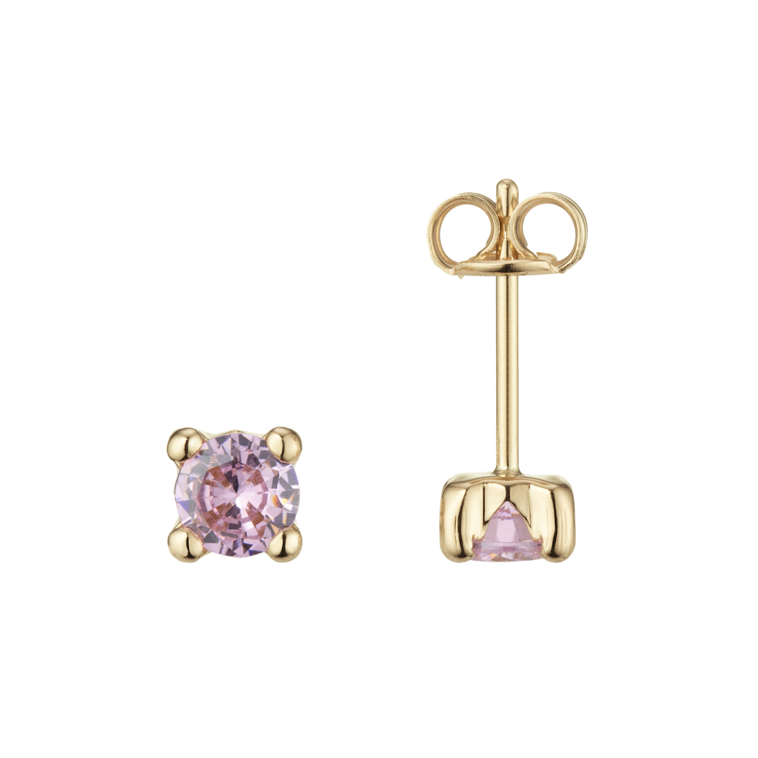 14k Geelgouden oorknoppen met een synthetische rozenkwarts, gezet in een chaton met vier zetpoten