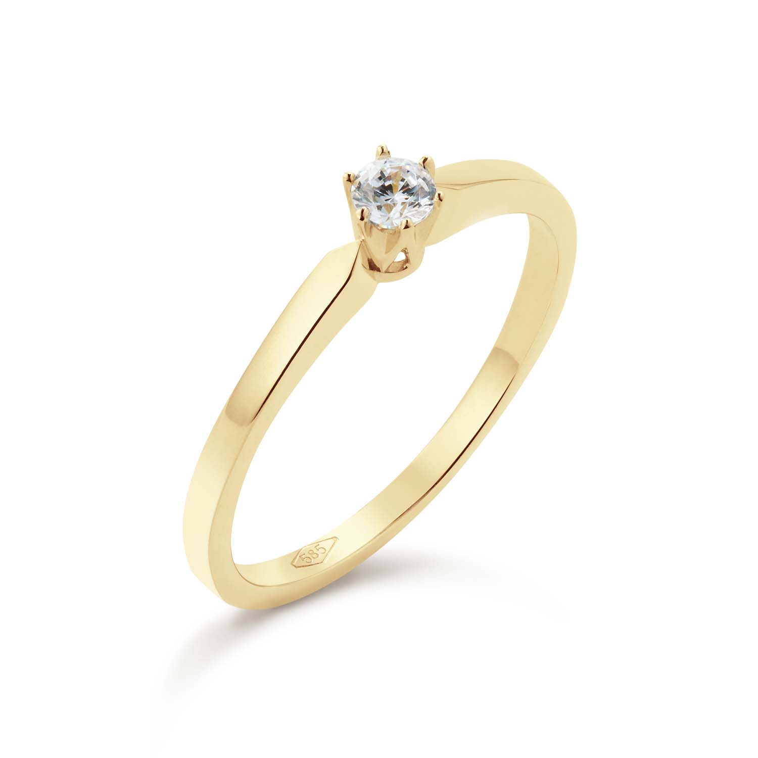 14k geelgouden ring met een zirkonia. De zirkonia is gezet in een chaton met zes zetpoten
