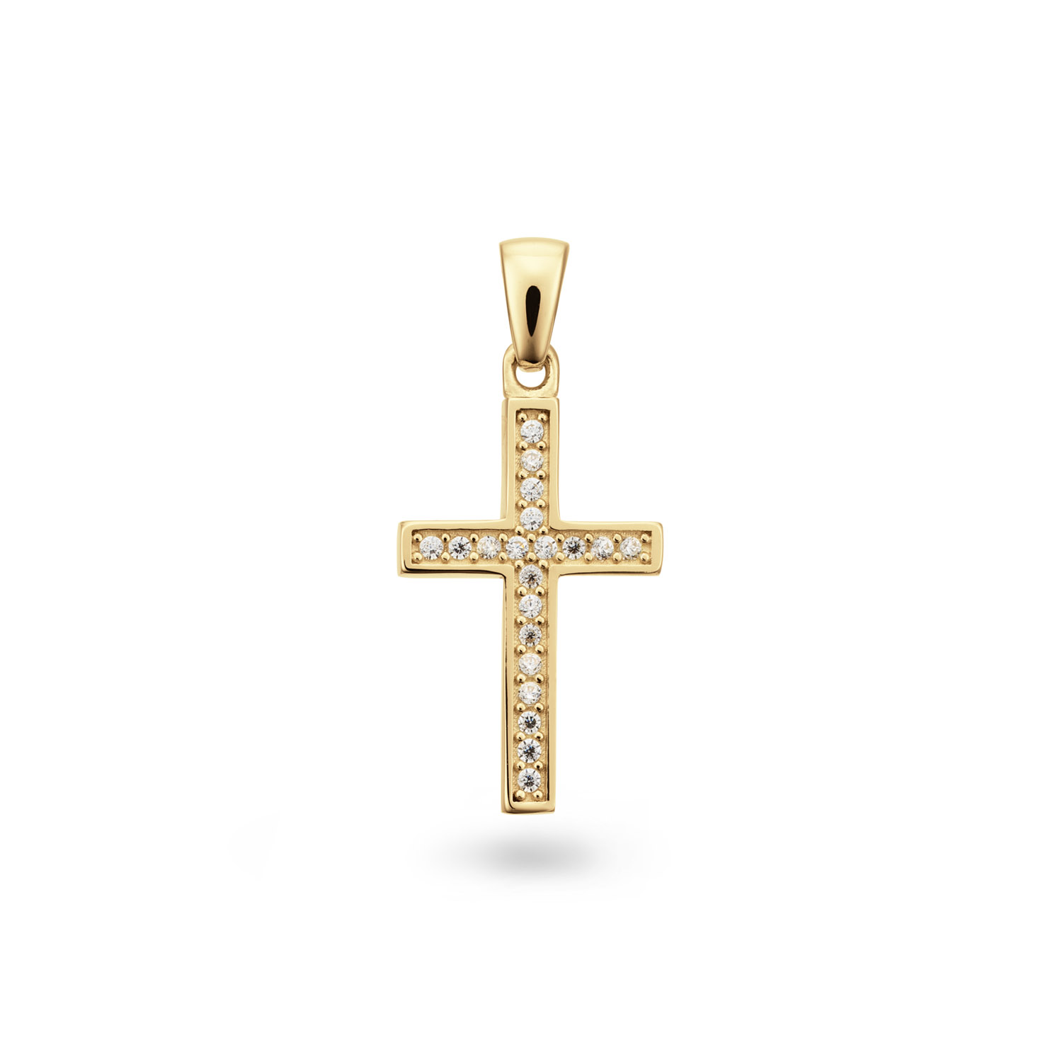 14k Geelgouden hanger in vorm van een kruis. De hanger is bezet met glinsterende zirkonia steentjes