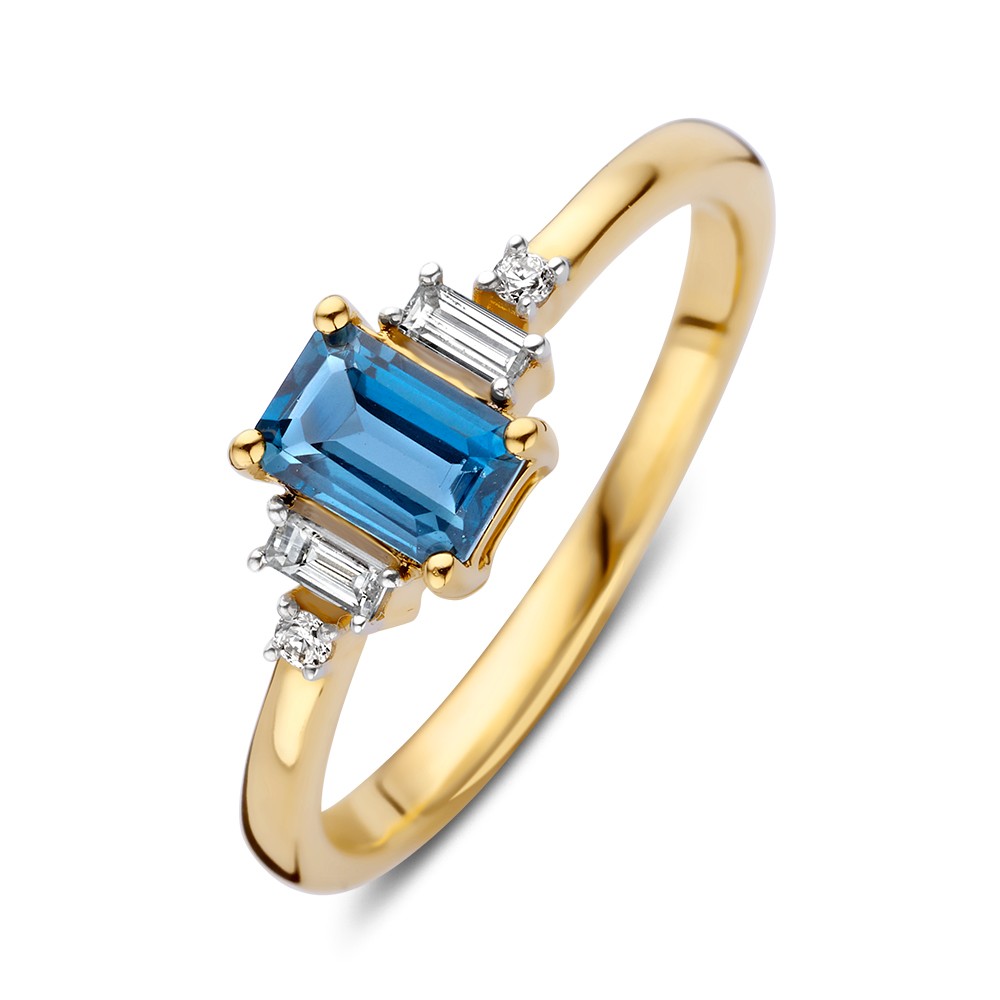 14 karaats geelgouden ring met london blue topaas en diamanten Maat 56
